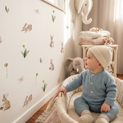 Bébé sourit en regardant ses Stickers muraux enfant
