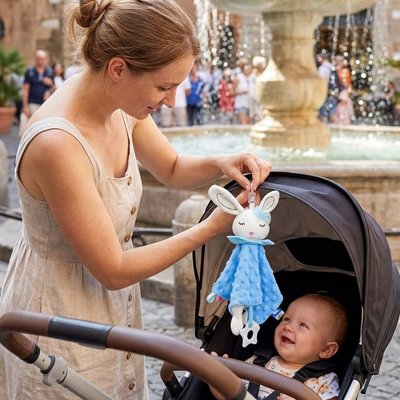 Maman va donner Lapin doudou à bébé