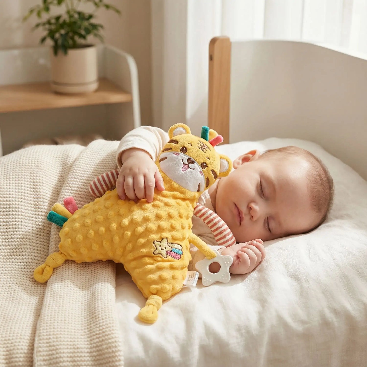 Bébé endormi en serrant son doudou tigre