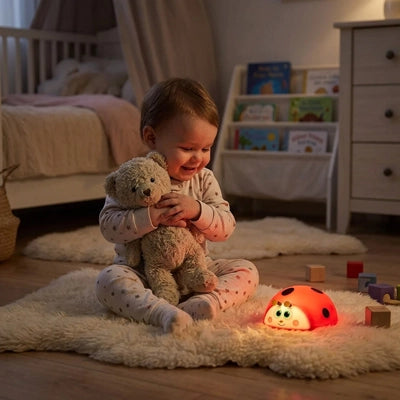 Bébé sourit devant sa veilleuse bébé coccinelle