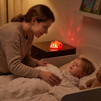 Enfant endormi avec sa veilleuse bébé coccinelle