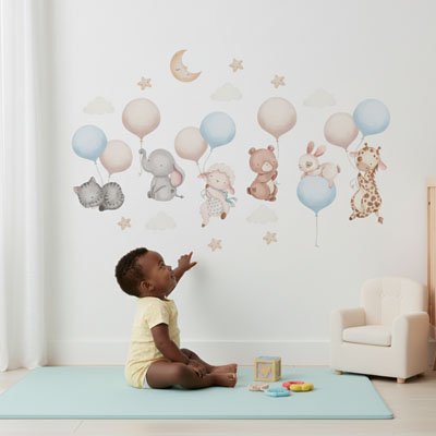 Bébé admiratif devant ses Stickers muraux  