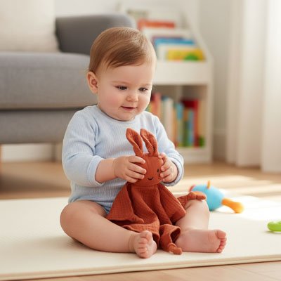 Bébé découvre la douceur de son Doudou lapin 