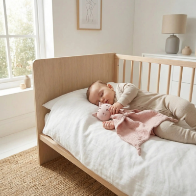 bébé qui dort dans son lit avec son doudou chat