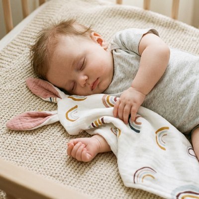 Bébé dort la tête sur son précieux Doudou 