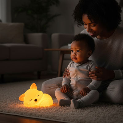 bébé et maman devant la veilleuse renard foxy