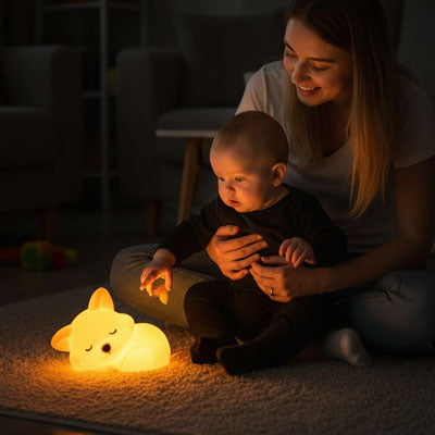 bébé et maman regarde la veilleuse renard foxy allumée