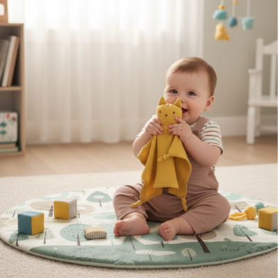 bébé heureux avec son doudou chat