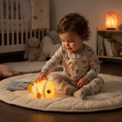 bébé joue avec veilleuse bébé poisson