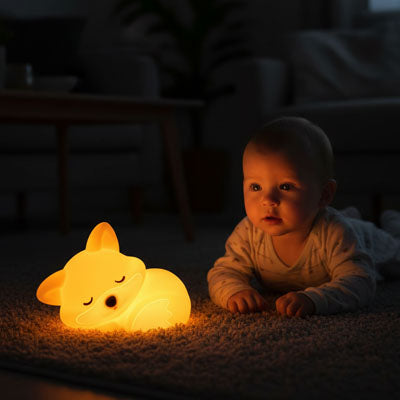 bébé regarde sa veilleuse renard foxy
