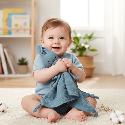 Bébé serre son Doudou lapin contre son coeur