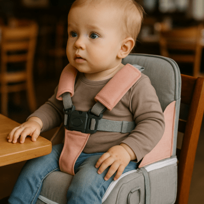 Bébé installé sur sa chaise bebe nomade  sac à langer 