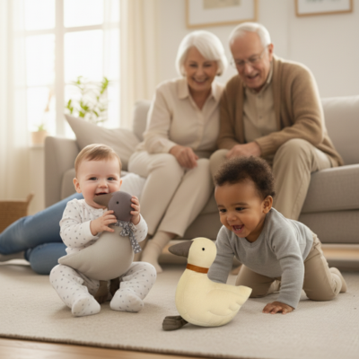 les enfants avec le doudou bebe chez leurs grands parents
