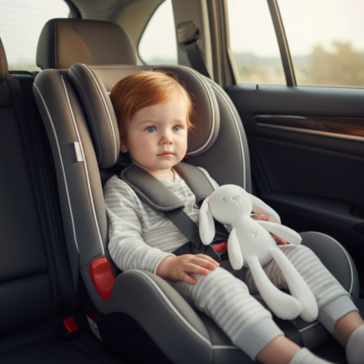 enfant en voiture avec doudou lapin