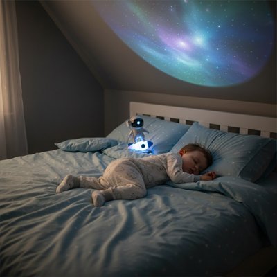 Enfant endormie au côté de sa Veilleuse Astronaute