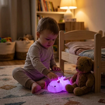 Enfant joue avec veilleuse bébé dragon violet