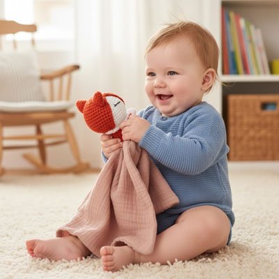 Enfant souriant avec son Doudou renard 