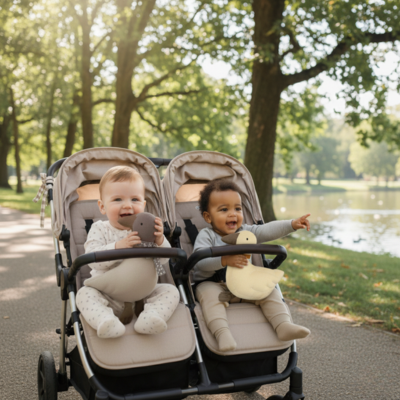 deux enfants en balade avec le doudou bebe