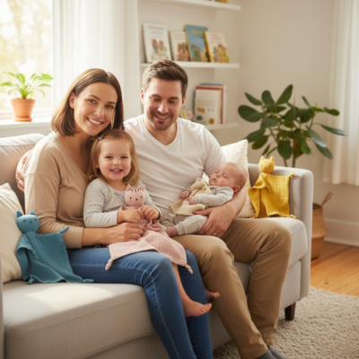 photo de famille avec le doudou chat