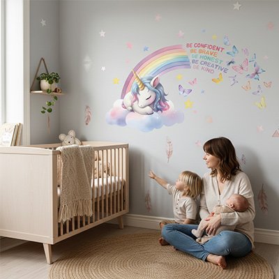 Jeune enfant qui découvre les Stickers muraux licorne