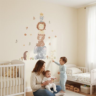 Jeune enfant qui découvrent ses Stickers muraux chambre