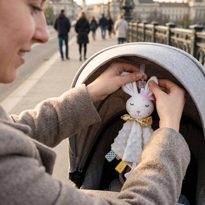 Maman accroche Lapin doudou à la poussette
