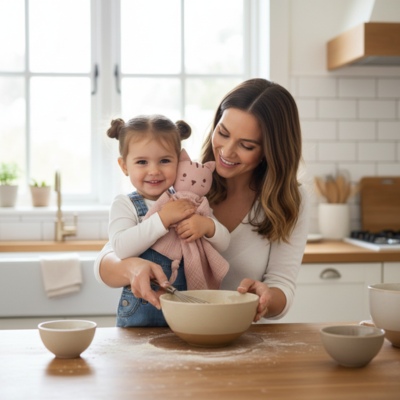 maman cuisine avec sa petite fille et doudou chat
