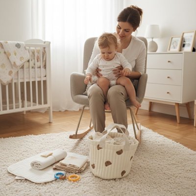 maman et bébé devant le Panier de rangement pour bebe 