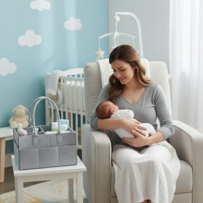 maman installé avec son Panier rangement bebe 