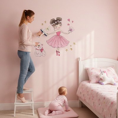 Maman installe les Stickers muraux enfant 