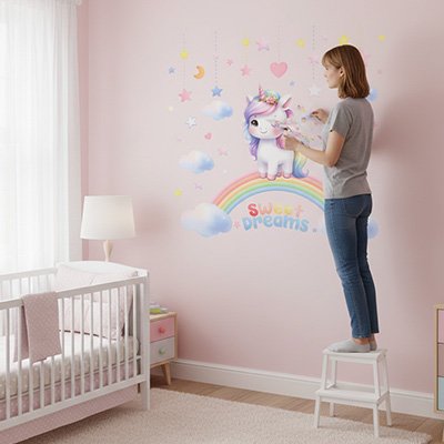Maman installe les Stickers muraux licorne