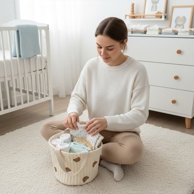 maman prépare le Panier de rangement pour bebe 