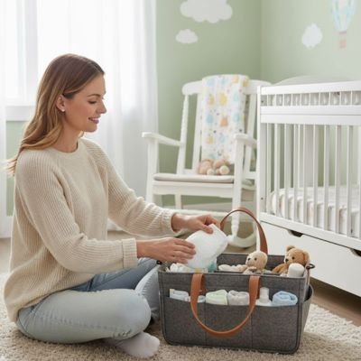 maman prépare le Panier rangement bébé pour la journée