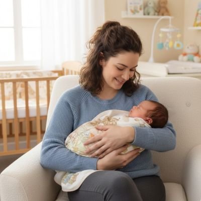 maman regarde son enfant enveloppé dans la Couverture bébé 
