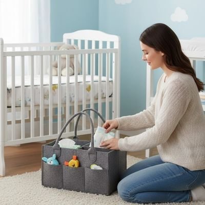 Maman réorganise le Panier rangement bebe gris