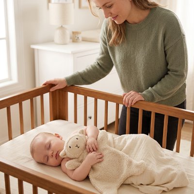 Maman veille sur le sommeil de bébé avec Doudou bebe 