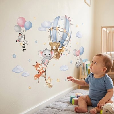 Montgolfière avec animaux sur les Stickers muraux enfant 