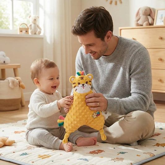 papa et bébé jouent avec doudou tigre