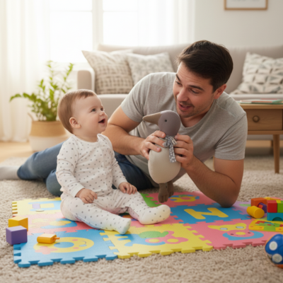 papa utilise le doudou bebe pour raconter une histoire