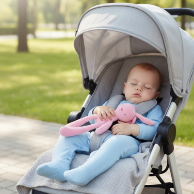 petit garçon endormi dans sa poussette avec doudou lapin