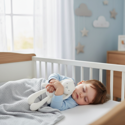 petit garçon endormi dans son lit avec doudou lapin