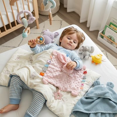 Petite fille allongée sur son tapis avec Doudou 