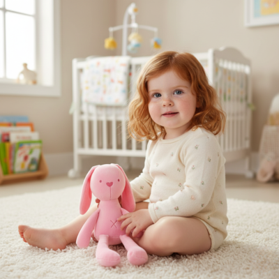 petite fille assise avec son doudou lapin