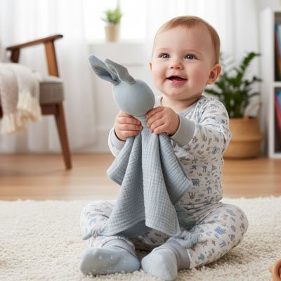 sourire de bébé avec son  Doudou lapin 