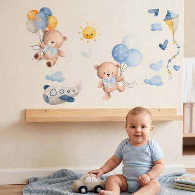 Stickers muraux enfant avec avion et ourson devant bébé