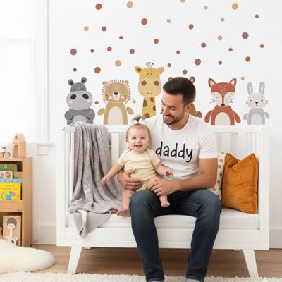 Stickers muraux enfant sur le mur derrière papa
