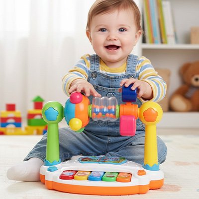 Un bébé qui a le sourire avec son Piano bebe 