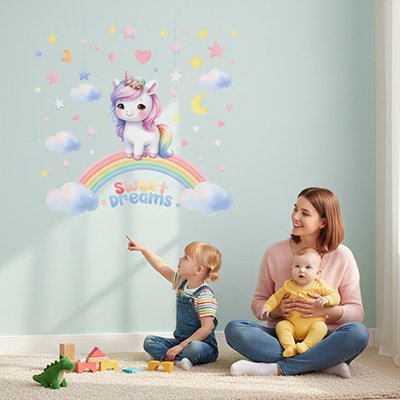 Une enfant raconte une histoire grâce aux Stickers muraux licorne