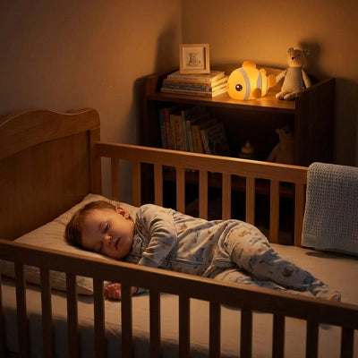 veilleuse bébé poisson allumée derrière bébé endormie