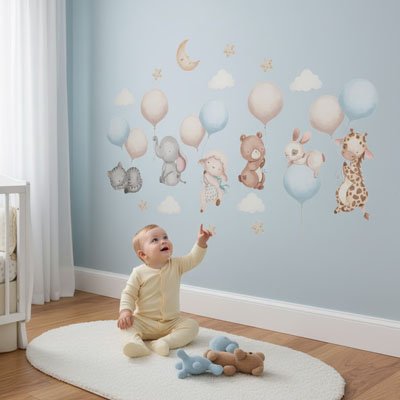 Visage joyeux de bébé devant ses Stickers muraux  